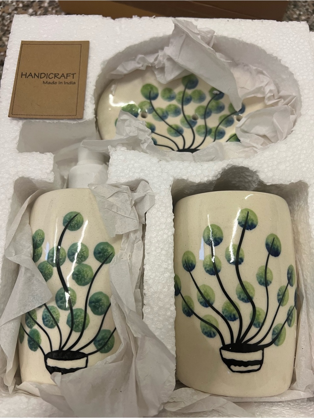 Handcrafted Ceramic Bath Set with Green Leaf Motif